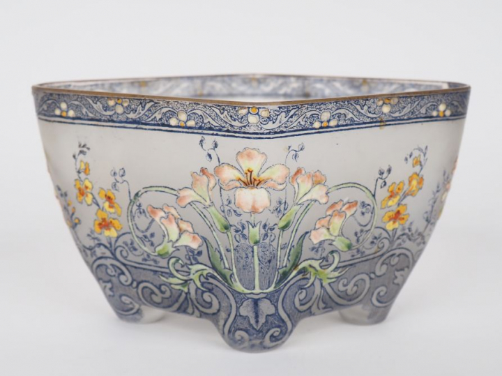 Vide poche Art Nouveau 1900 en verre émaillé à décor de fleurs polychr