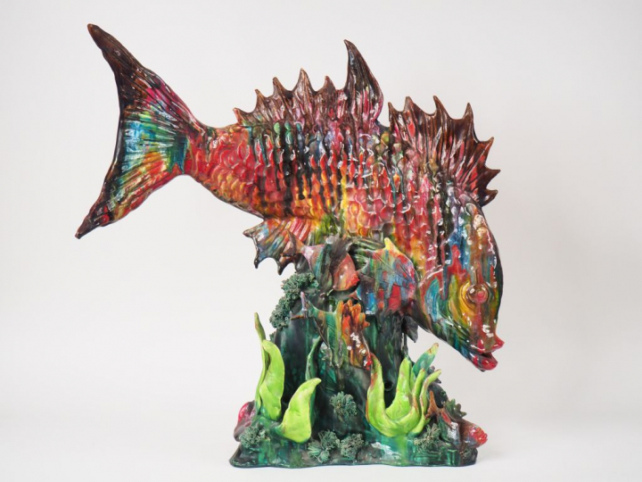 Grand groupe en céramique de Vallauris "poissons et plantes aquatiques