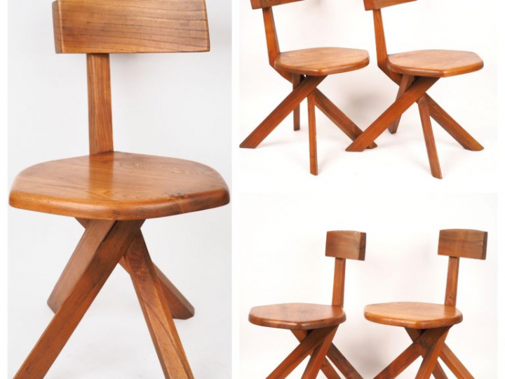 Pierre CHAPO.  Suite de 4 chaises S34 en orme.