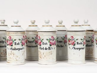 Vente aux enchères Ensemble de 19 pots de pharmacie XIXème en porcelaine à décor de roses