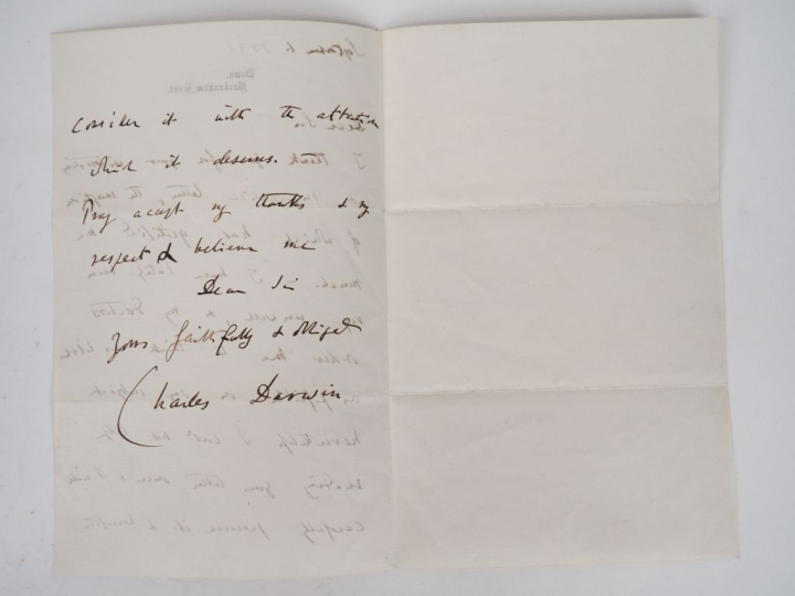 DARWIN (Charles). LETTRE AUTOGRAPHE SIGNÉE adressée au philosophe autr