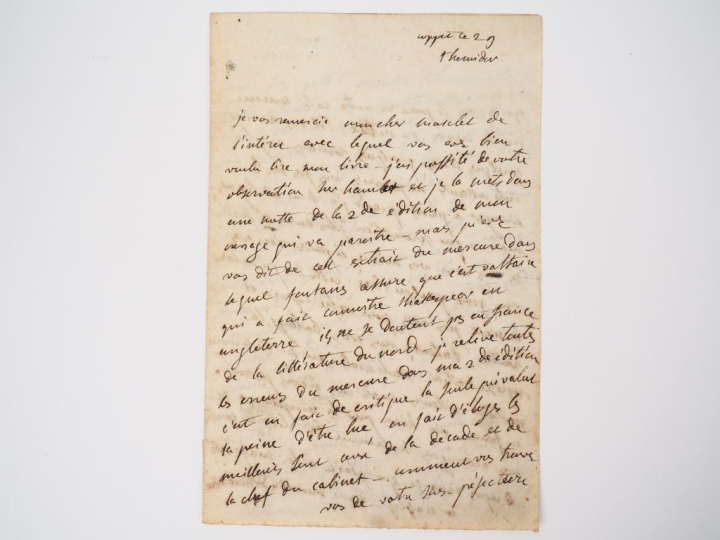 STAËL (Madame de). LETTRE AUTOGRAPHE adressée à Masclet. Coppet, 29 Th