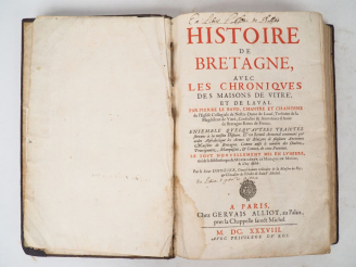 Vente aux enchères [BRETAGNE]. LE BAUD (Pierre). HISTOIRE DE BRETAGNE, avec les Chronique