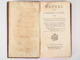 Vente aux enchères SAIGE (Joseph). MANUEL DE L’HOMME LIBRE. Amsterdam [Bordeaux], 1787. I