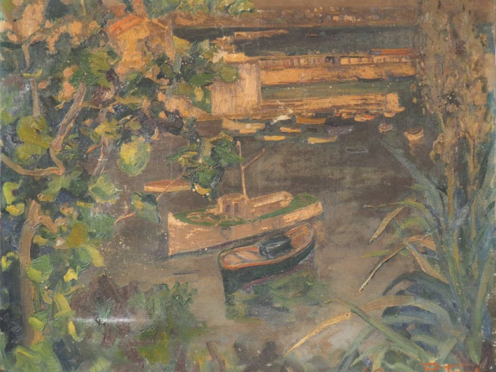 Louise D'AUSSY PINTAUD. "Barques dans le port". Huile sur toile, signé