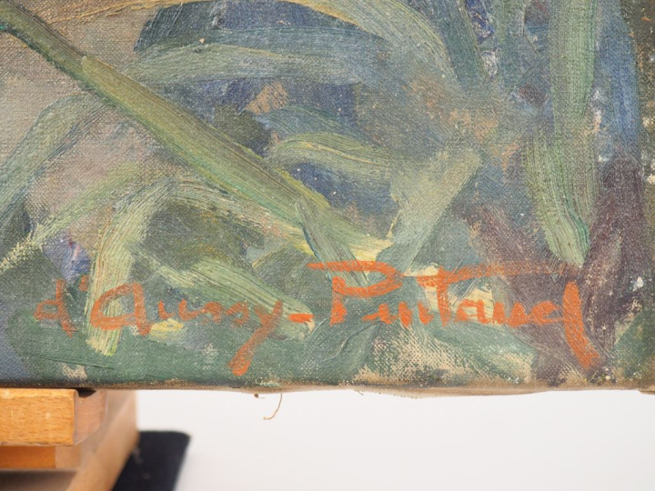 Louise D'AUSSY PINTAUD. "Barques dans le port". Huile sur toile, signé