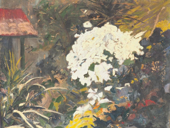 Louis D'AUSSY PINTAUD (Attribué à). "Hortensia dans un jardin à Socoa"