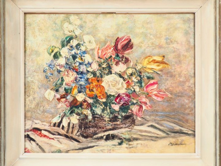BIRTCHANSKY. "Bouquet de fleurs dans un panier". Huile sur toile, sign