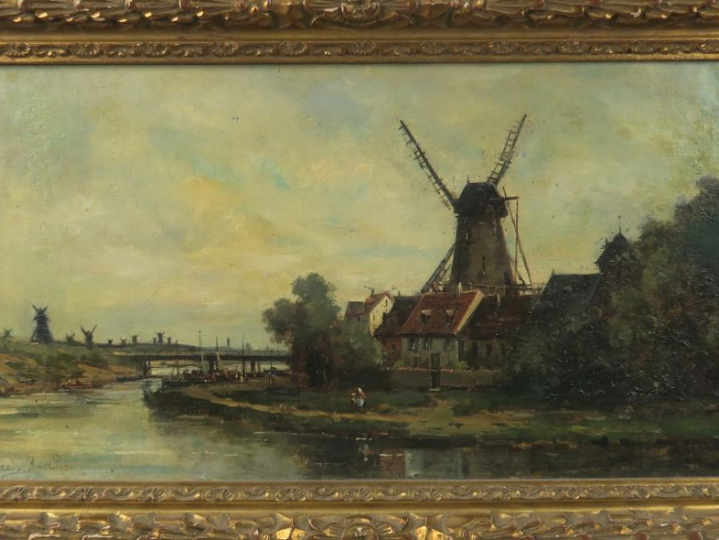 Théodore BURCH. "Paysage animé en Hollande". Huile sur toile, signée e