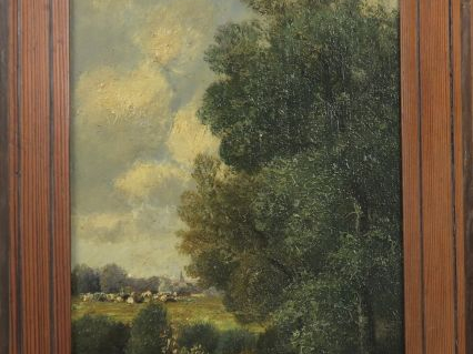 L. CAPDEVIELLE. "Le repos en bord de rivière". Paire d' huiles sur pan