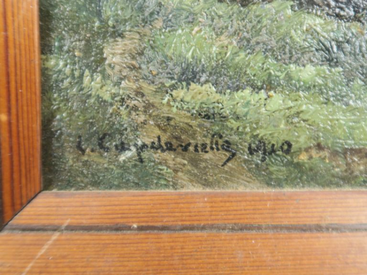 L. CAPDEVIELLE. "Le repos en bord de rivière". Paire d' huiles sur pan