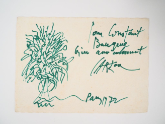 Vente aux enchères Jean CARZOU. "bouquet de fleurs" Dessin au feutre vert. Petite carte d