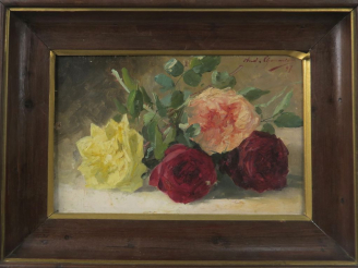 Vente aux enchères André CHAUMIERE. "Nature morte aux roses". Huile sur toile, signée en 