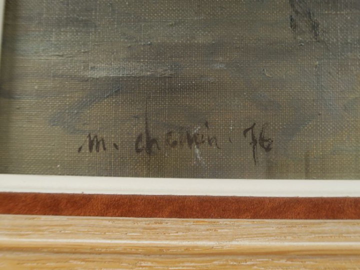 Michel CHEMIN. "Paysage animé". Huile sur toile, signée en bas à gauch