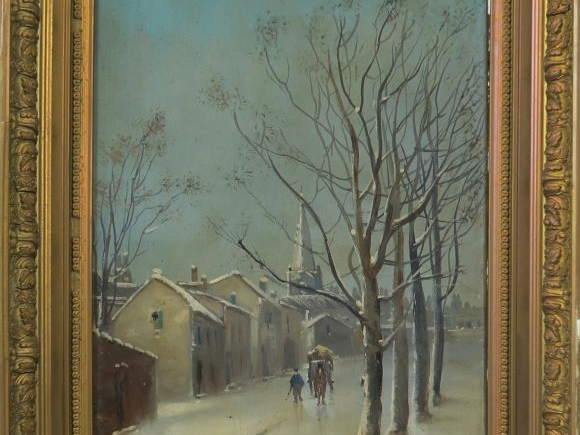 Gaston CORBIER. "Village enneigé". Huile sur toile, signée en bas à dr