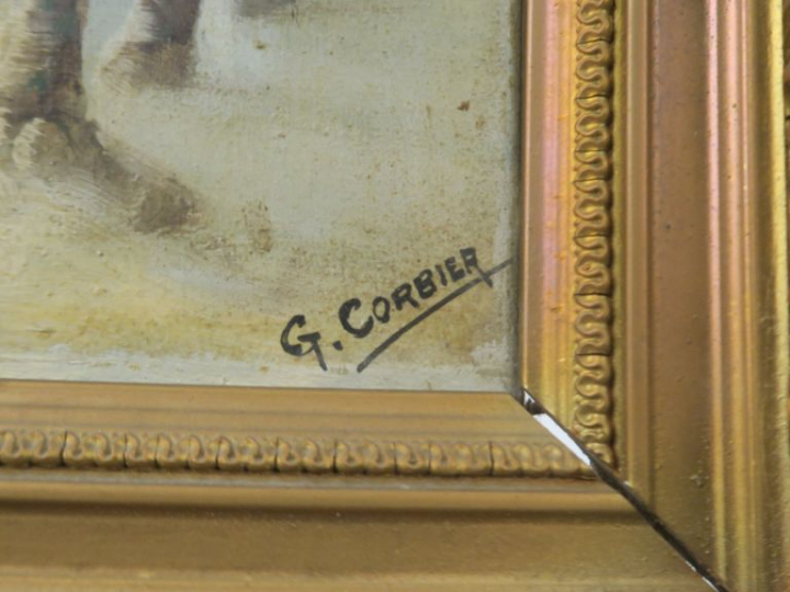 Gaston CORBIER. "Village enneigé". Huile sur toile, signée en bas à dr