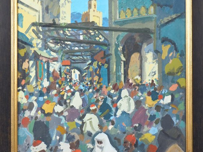 Raymond CRETOT-DUVAL. "Le souk en Afrique du Nord". Huile sur toile, c