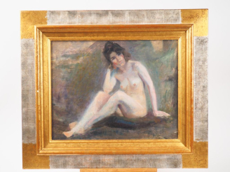 Vente aux enchères François-Alfred DELOBBE. "nue assis". Huile sur toile, signée en bas à