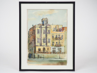 Vente aux enchères Ibrahim EZZAT. "Le café sous le pigeonnier à Alexandrie". Aquarelle, s
