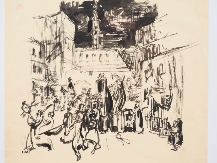 Ibrahim EZZAT. "Le retour du Mahmal au Caracol Labbane". Dessin, signé