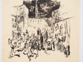 Vente aux enchères Ibrahim EZZAT. "Le retour du Mahmal au Caracol Labbane". Dessin, signé