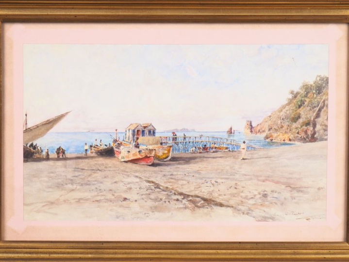 FANCINI. "Bord de mer à Positano". Aquarelle, signée et titrée en bas 