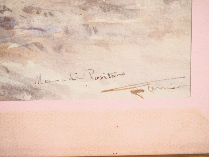 FANCINI. "Bord de mer à Positano". Aquarelle, signée et titrée en bas 