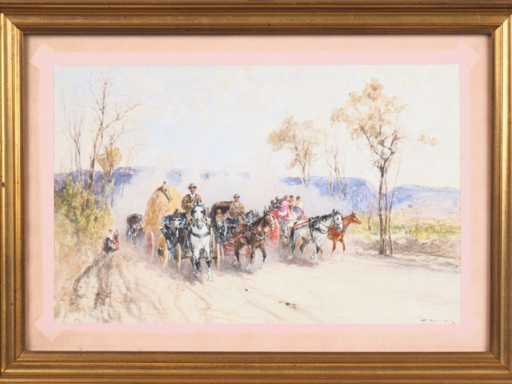 FANCINI. "Convoi de calèches en Italie". Aquarelle, signée en bas à dr