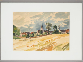 Vente aux enchères Jean FEUGEREUX. "Eglise dans la campagne".  Aquarelle, signée en bas à