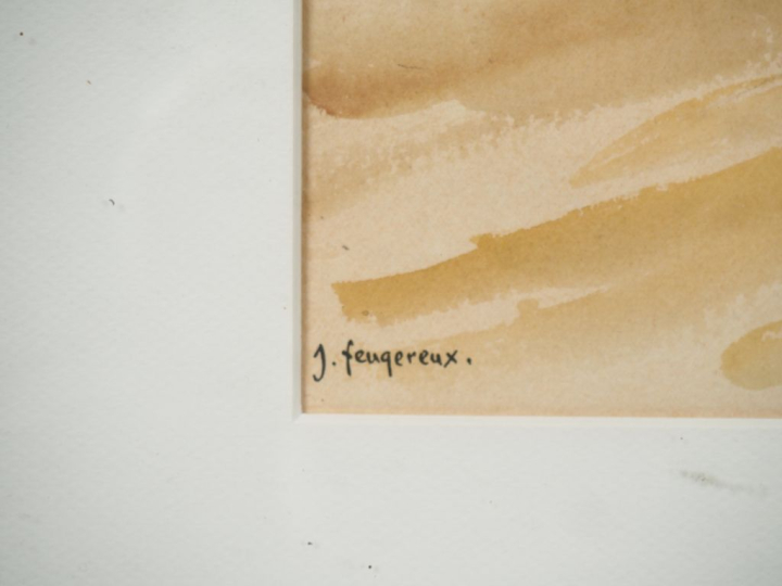 Jean FEUGEREUX. "Eglise dans la campagne".  Aquarelle, signée en bas à