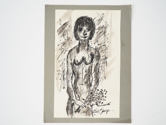 Vente aux enchères Edouard GOERG. "Portrait de jeune fille nue". Dessin à l'encre, signé 