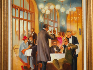 Vente aux enchères Georges GOROMINAS. "Le pub irlandais". Huile sur toile, signée en bas 