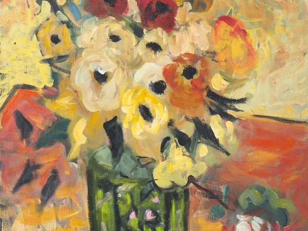 HELVEN. "Bouquet de fleurs sur une table". Huile sur toile, signée en 