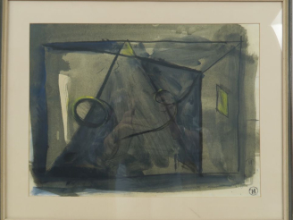 Vente aux enchères Philippe HURTEAU. "Composition géométrique". Aquarelle, monogrammée en