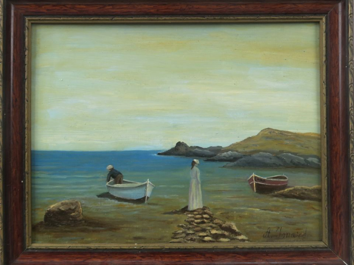ISNARD. "Personnages en bord de mer". Huile sur isorel, signée en bas 