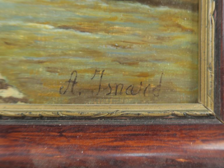 ISNARD. "Personnages en bord de mer". Huile sur isorel, signée en bas 