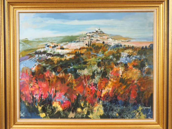 Monique JOURNOD. "Vue de Ramatuelle". Huile sur toile, signée en bas à