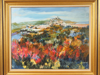 Vente aux enchères Monique JOURNOD. "Vue de Ramatuelle". Huile sur toile, signée en bas à
