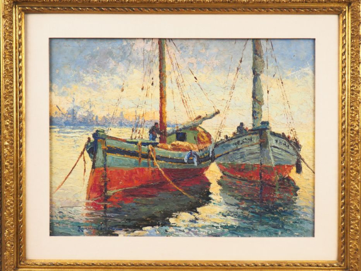 Romain JOUVE. "Effet du soir, port de Toulon". Huile sur isorel, signé