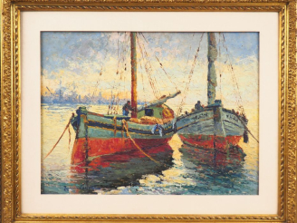 Vente aux enchères Romain JOUVE. "Effet du soir, port de Toulon". Huile sur isorel, signé