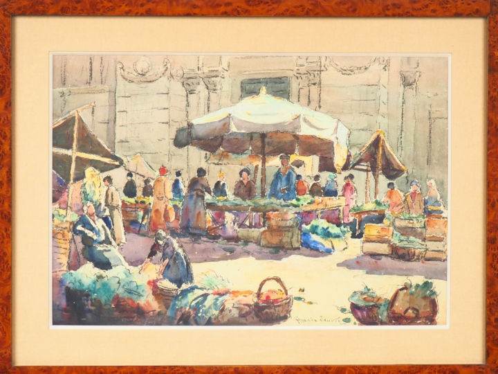 Romain JOUVIN. "Le marché de plein vent". Aquarelle, signée en bas à d