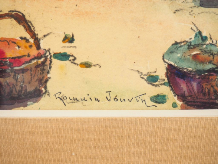 Romain JOUVIN. "Le marché de plein vent". Aquarelle, signée en bas à d