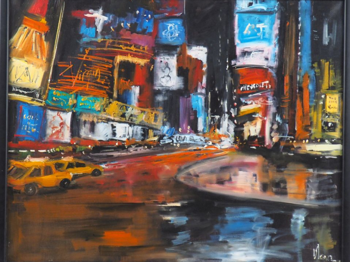 KLEINER. "Nuit sur Tames Square". Huile sur toile, signée en bas à dro