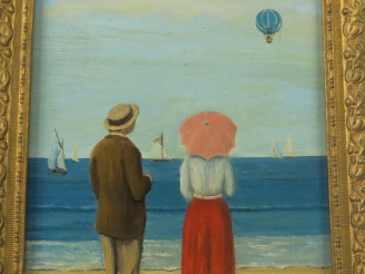 Vente aux enchères LEPIDI. "Elégants sur la plage". Huile sur panneau, signée en bas à dr