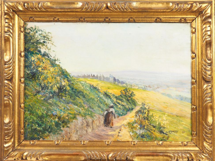 Léo MASNAT. "Paysanne cheminant près de la cité de Carcassonne". Huile