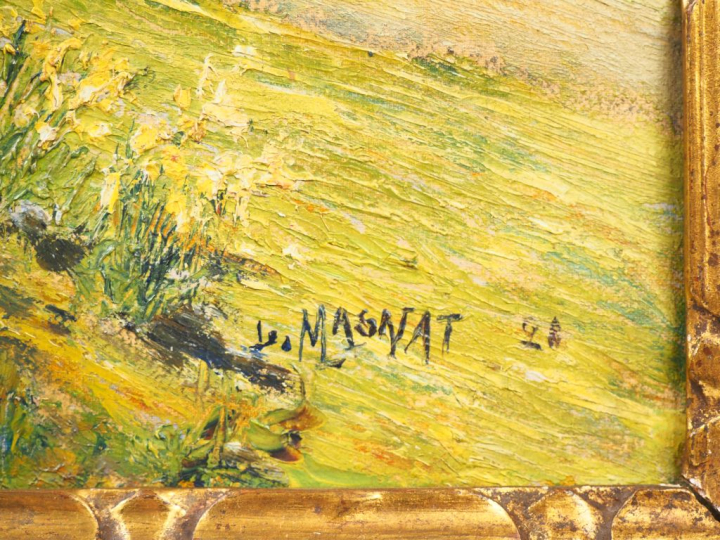 Léo MASNAT. "Paysanne cheminant près de la cité de Carcassonne". Huile