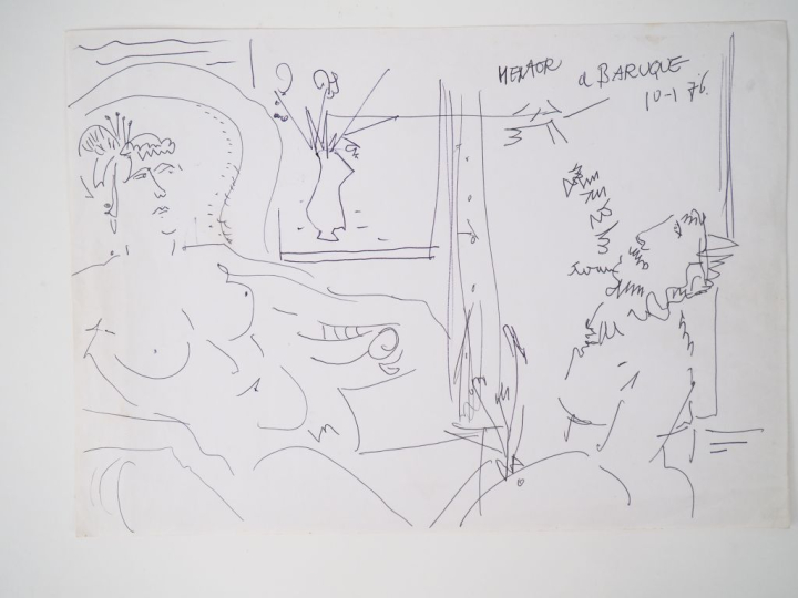 Blasco MENTOR. "Personnages". Dessin, dédicacé et  signé en haut à dro