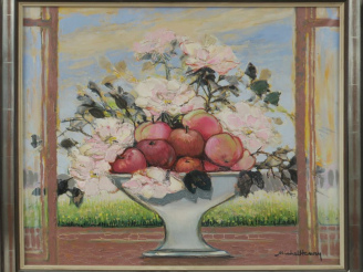 Vente aux enchères MICHEL-HENRY. "Compotier de pommes et de fleurs". Huile sur toile, sig