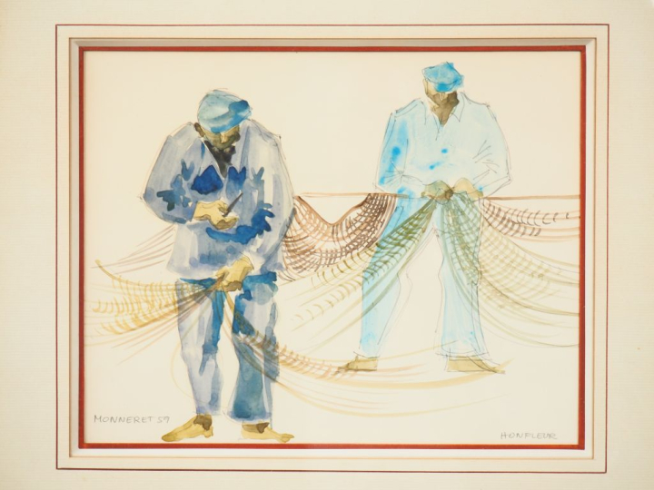 Jean MONNERET. "Ravaudeurs de filets". Aquarelle, signée en bas à droi