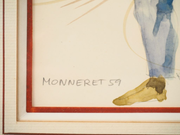 Jean MONNERET. "Ravaudeurs de filets". Aquarelle, signée en bas à droi